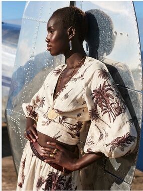 Banana Republic Cream Top with Brown Palm Print